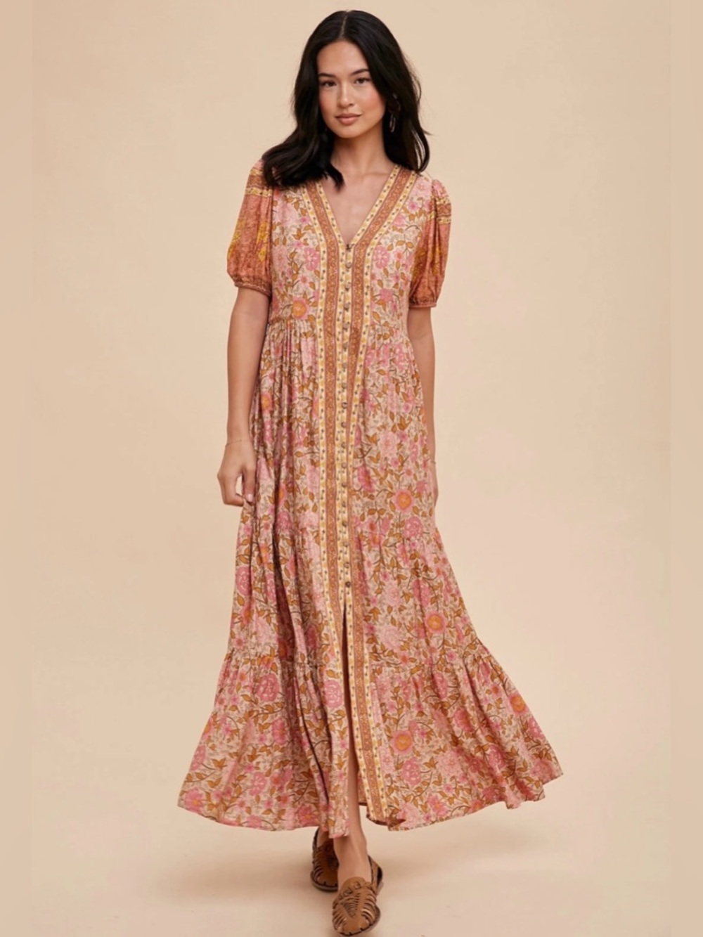 In loom Border Print Button Front Midi Dress DUSTY ROSE
